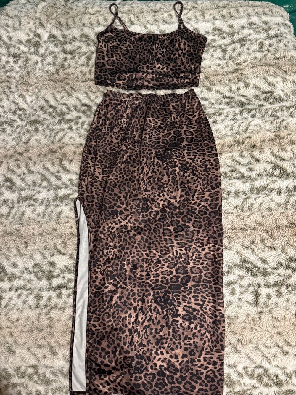 SHEIN Brown Leopard Satin Two-Piece Chemise Set